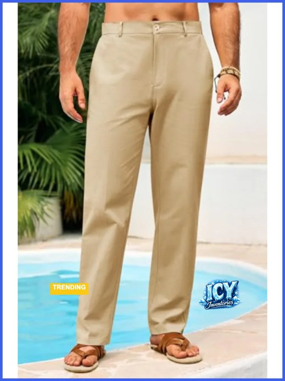 Men's Linen Elastic Waist Straight Leg Casual Pants with Pockets